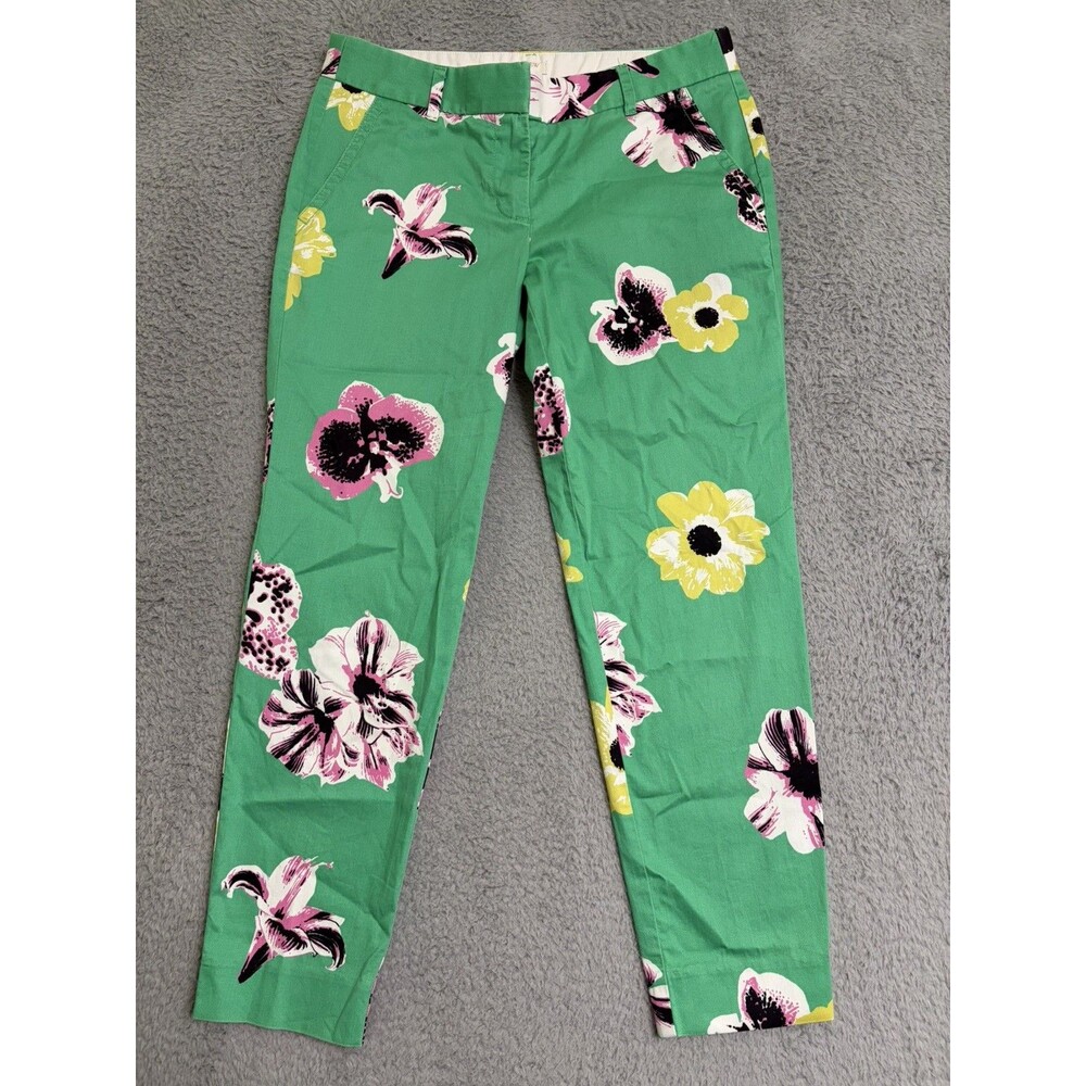 J.Crew Bold Floral Capri Chino Pants Size 2 Green Low Rise Tapered Cotton Blend